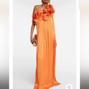 Orange Off-Shoulder Pleated Detailed Maxi Gown Wedding Guest